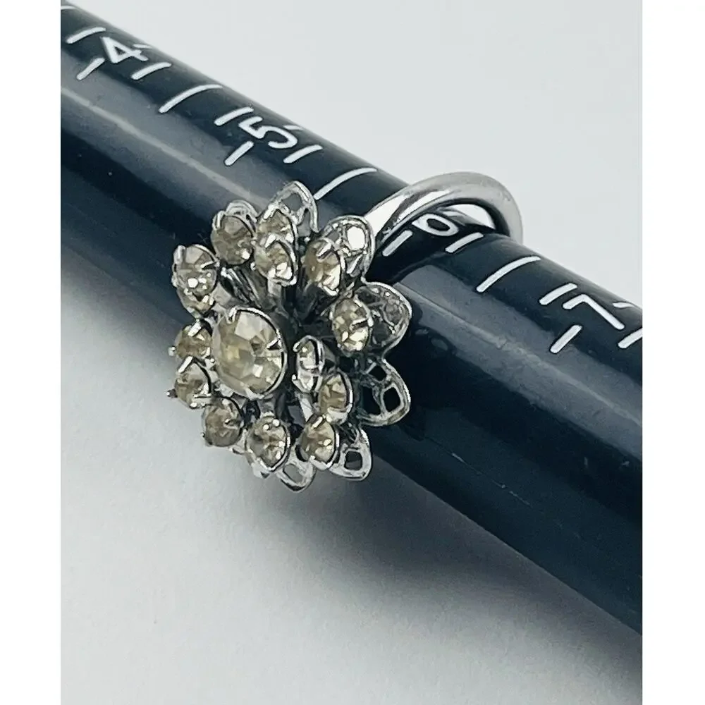 SARAH COVENTRY Rhinestone Flower Ring Silver Tone Vintage Signed Tiered Layered